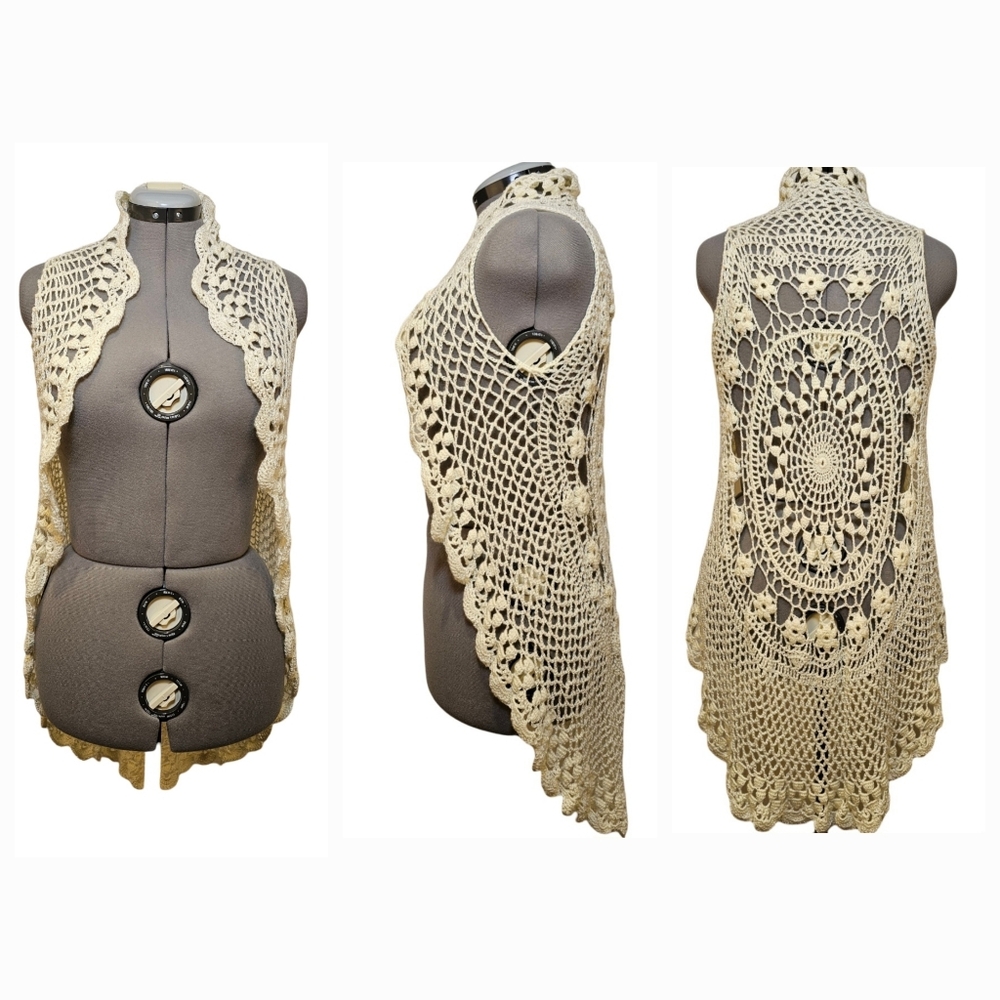 Custom Made creamy white acrylic sleeveless crochet cardigan size M US